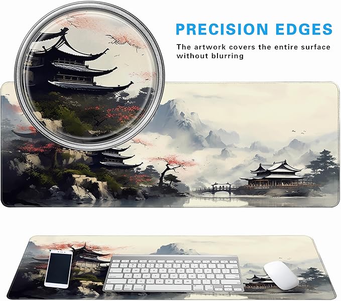 Cherry Blossom in Ink Gaming Mouse Pad 31.5x11.8 Inch White Full Desk Japanese Sakura Mousepad Extended Large Non-Slip Rubber Base Waterproof Big Keyboard Mat with Stitched Edges for Gaming and Office