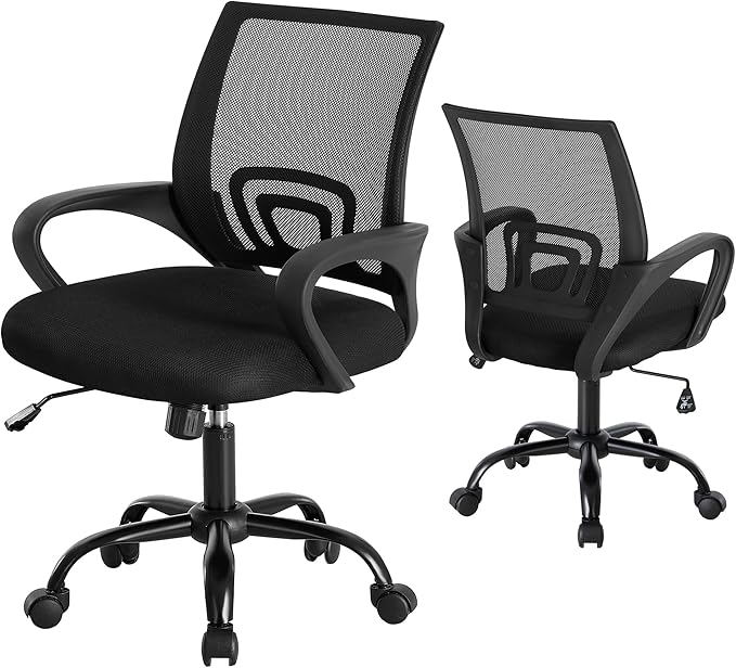 OLIXIS Office Desk Chair - Ergonomic Mid Back with Lumbar Support & Rocking Mode, Height Adjustable with Fixed Armrest, Storage Back for Computer, Gaming, Conference, Meeting, 360° Swivel, Black