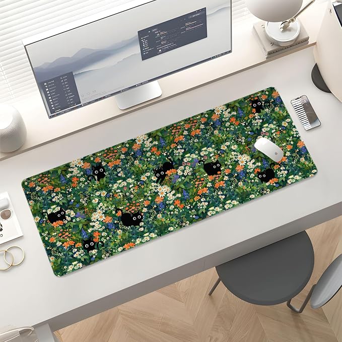 Mousepad Desk Mat Gaming Large Keyboard Cute Office Desktop Computer Laptop Cat Flawer XXL Long Giant Big Kawaii Aesthetic Girly Pretty Design Women Girl Gamer Oversized Wide 30x12'' Mousepad