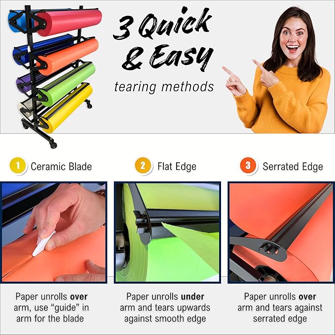 8 Rack Paper Roll Holder Dispenser & Cutter for 36 inch Butcher Craft Rolls | Horizontal Rolling Stand Stores Kraft and Classroom Bulletin Board Supplies