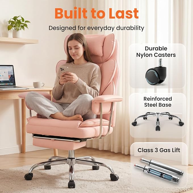 NEO CHAIR Big & Tall Leather Office Chair, High Back, Lumbar Support, Pink | Gaming Chair for Adults and Computer Use, Reclining Office Chair with Foot Rest, Massage, Comfy Design and Heavy Duty Support
