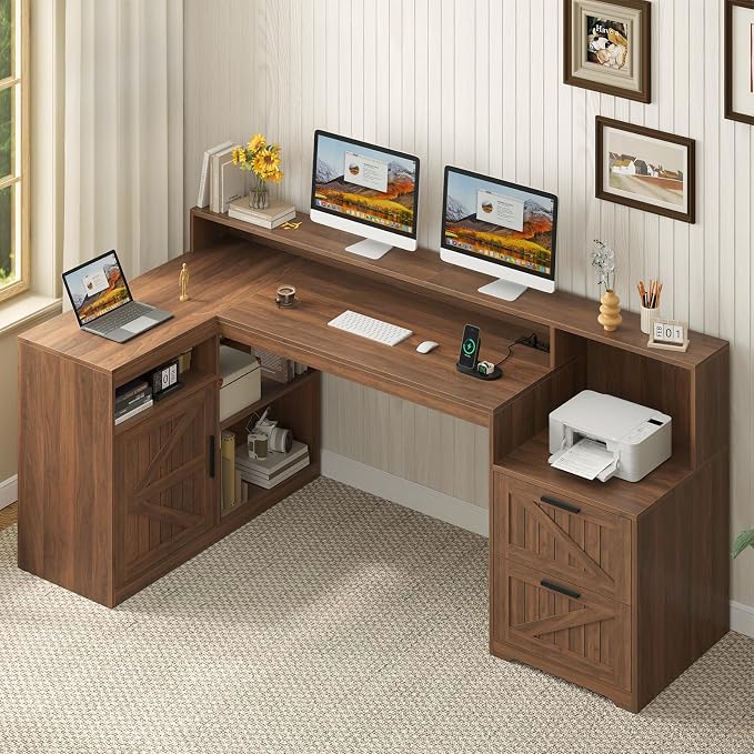 63" Farmhouse L Shaped Desk with Drawers and Printer Stand for Home Office | Computer Desk with Power Outlet, Home Office Desk with Storage Shelves and Monitor Stand, Brown