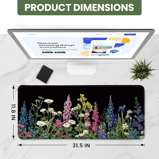 Aesthetic Desk Mat, Cute Starlit Floral Desk Pad Protector for Work & Decor, 31.5" x 11.8", Pretty Non-Slip Extended Mouse Pad for Office or Home