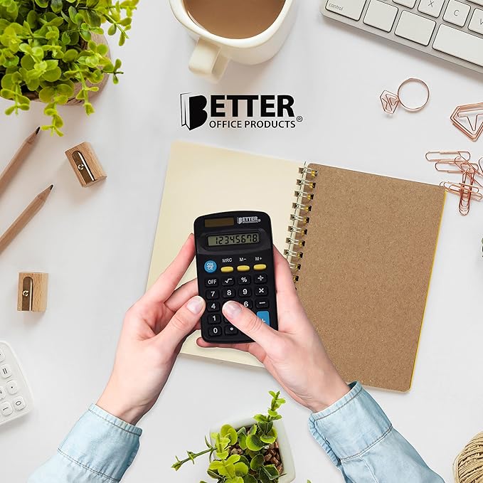 Better Office Products Pocket Size Mini Calculators, 10 Pack, Handheld Angled 8-Digit Display, Standard Function, Assorted Colors (Blue, Black, Pink), Dual Power with Included AA Battery Power