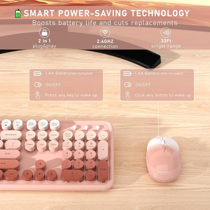 Links9+ Colorful Wireless Keyboard and Mouse Combo (Peach Gradient) | Full-Size Retro Typewriter Style Keyboard with Vintage Round Keycaps, 2.4G Wireless Set for Windows, Mac, Laptop, PC, Tablet