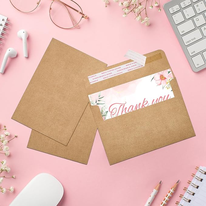 ACSTEP 100Pack A4 Envelopes 4-1/4 X6-1/4 Inch Self Seal Brown Kraft 4X6 Envelopes For for Weddings, Invitations, Photos, Postcards, Greeting Cards Mailing,Baby Shower, Graduation