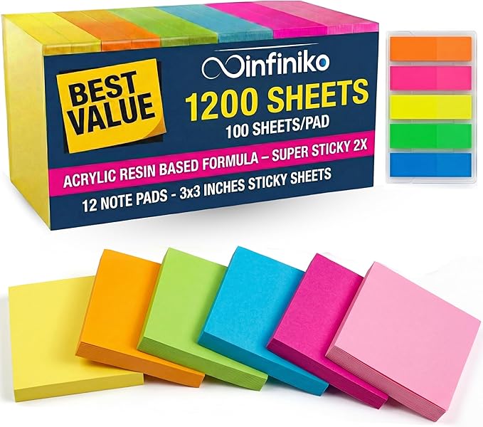 Sticky Notes 3x3 (12 Pads/1200 Sheets) – 2026 Improved Adhesive, Super Sticky & Bright Neon Colors – 1200 Sheets – Ideal for School, Office & Desk Supplies