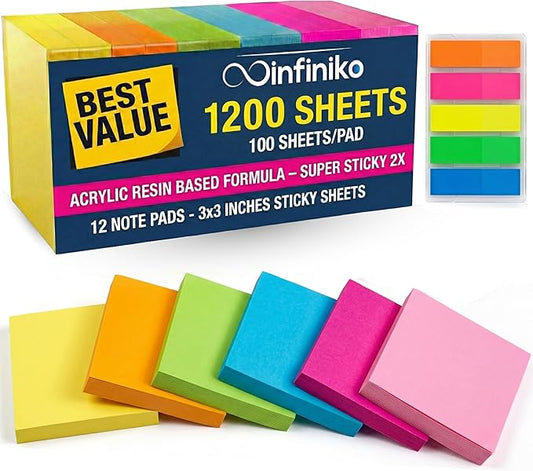 Sticky Notes 3x3 (12 Pads/1200 Sheets) – 2026 Improved Adhesive, Super Sticky & Bright Neon Colors – 1200 Sheets – Ideal for School, Office & Desk Supplies