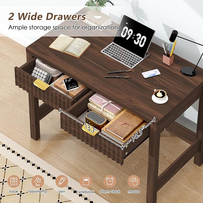 32 Inch Small Fluted Computer Desk with 2 Drawers & Stool for Bedroom | Small Wooden Computer Desk with Storage, Compact Writing Study Vanity Desk with Stool for Small Spaces, Walnut