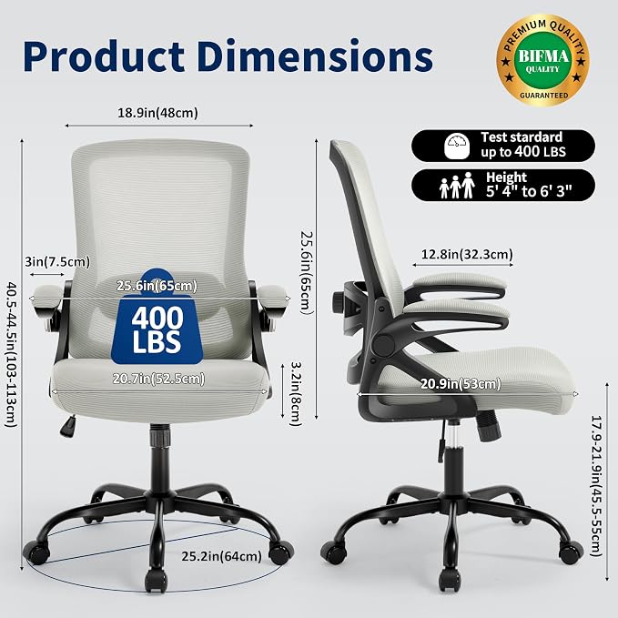 Ergonomic Office Chair Desk Chair with Adjustable Lumbar Support | Mesh Computer Chair Home Office Desk Chair with Flip-up Armrests Executive Task Chair Comfy Mesh Gaming Chair (Dark Gray)