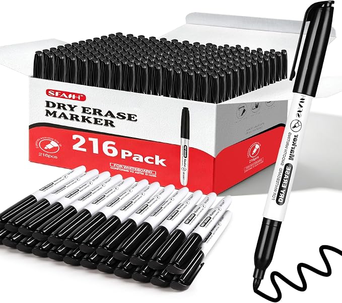 SFAIH Black Dry Erase Markers Fine Tip, 216 Pack, 1-2mm Line, Low Odor | Easily Erases, for Whiteboards & Non-Porous Surface, Ideal for Classroom, Office, Home, Teacher Supplies, Back to School