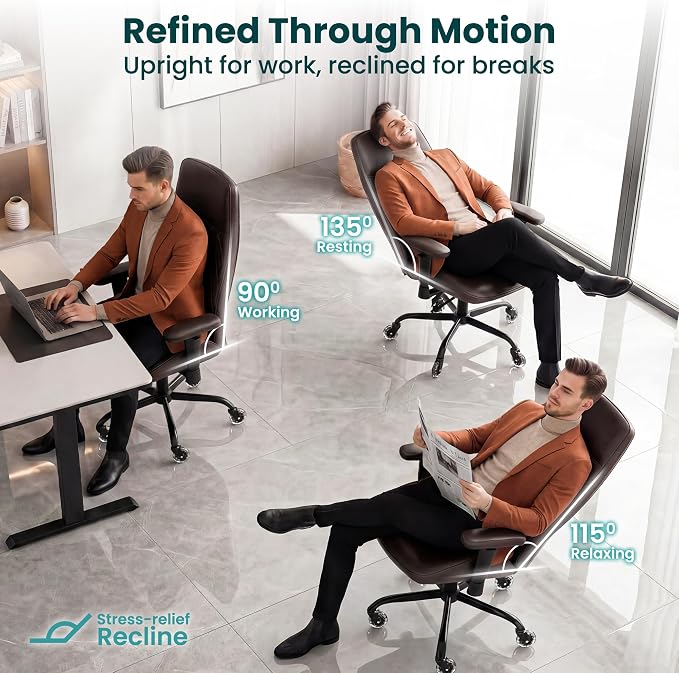NEO CHAIR Dark Brown Leather Office Chair Ergonomic Design, Swivel Chair | Modern Computer Desk Chair with Lumbar Support, Adjustable Height Arms, Comfy Chair for Home Office, Smooth Rolling Design