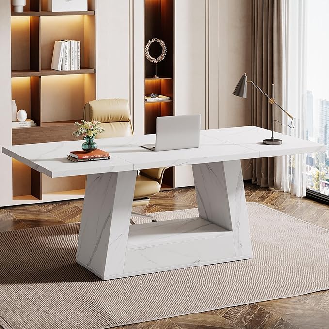 Tribesigns Modern Computer Desk, 63-Inch Large Office Desk Workstation, Simple Style Executive Desk Study Table with Sturdy Base, Wooden Faux Marble Writing Desk for Home Office, White
