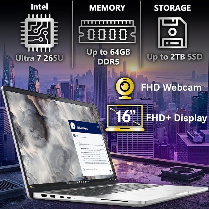 Dell Pro 16 Plus PB16250 (Replaces Latitude 5550) AI Business Notebook 16" FHD+ Intel Core Ultra 7-265U, 32GB DDR5 RAM, 1TB SSD, Wi-Fi 6E, Backlit Keyboard, HD Webcam, RJ-45, W11Pro - Silver