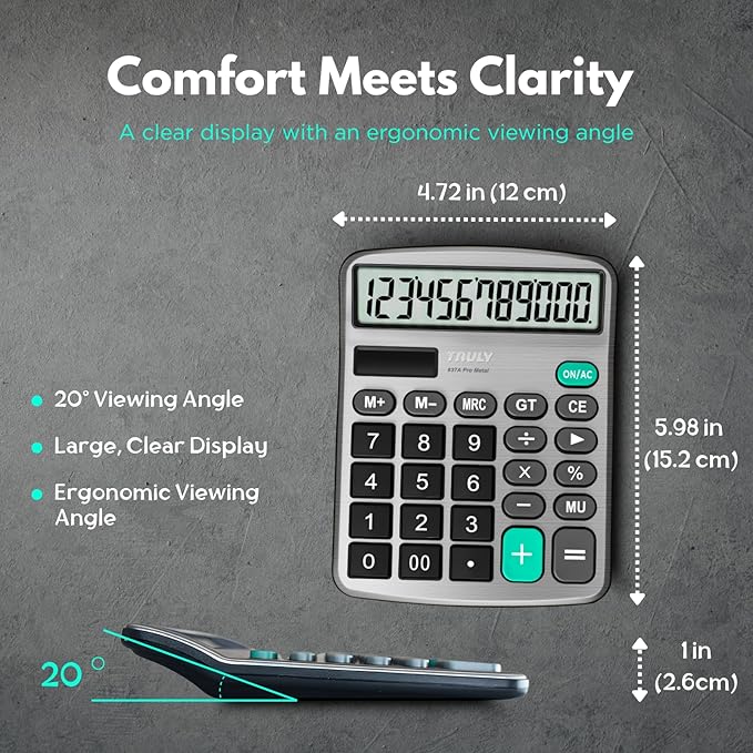 TRULY 12 Digits Desktop Calculator with Large LCD Display and Sensitive Button, Dual Solar Power and Battery, Standard Function for Office, Home, School, Metal Body, 837A Pro Silver