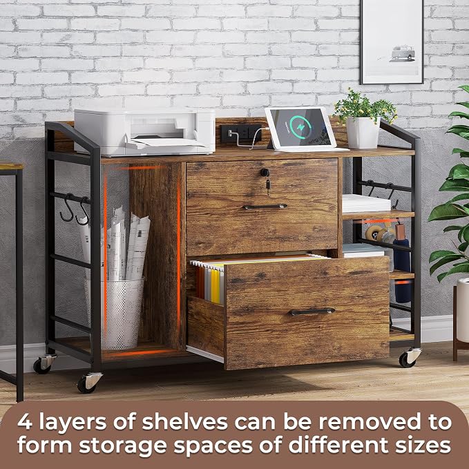 SEDETA 44" File Cabinet with Lock, Filing Cabinet fits Legal/Letter Size | Rustic Brown Lateral 2 Drawer Filing Cabinets for Home Office with Lock, Power Strip, 6 Storage Shelves, Wheels and 4 Hooks