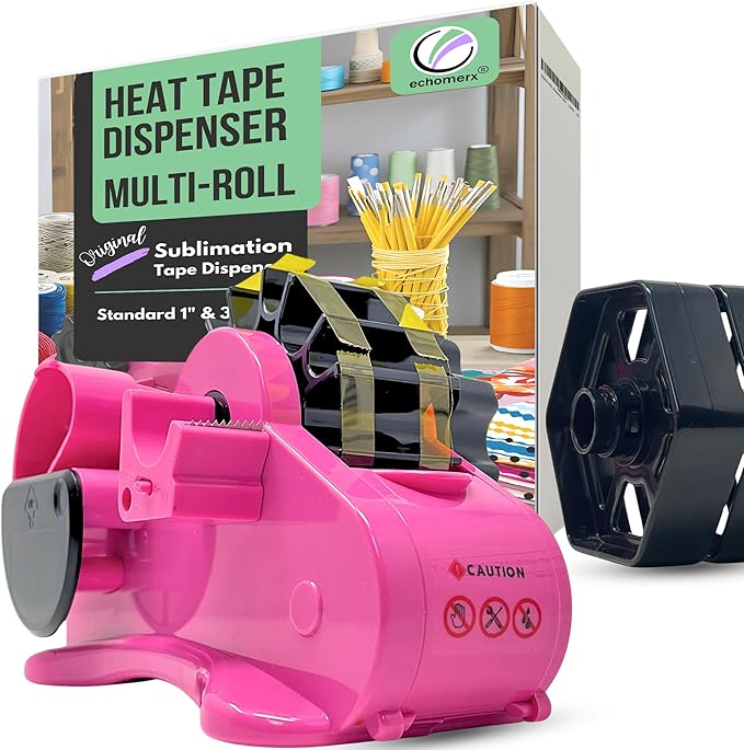 echomerx Original Heat Tape Dispenser Multi-Roll - Pre-Cut Sublimation, Heat Resistant, Heat Transfer, Thermal, Heat Press , Thin Double-Sided & Scotch Tapes, 1" & 3" Large Core, Pink