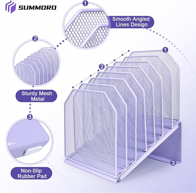 SUMMORO Inclined File Organizer for Desk, 7-Section Vertical File Holder | Office Desk Organizer Metal Rack File Folder, Wire Mesh Desktop Document Sorter, for Office School Classroom Home (Purple)