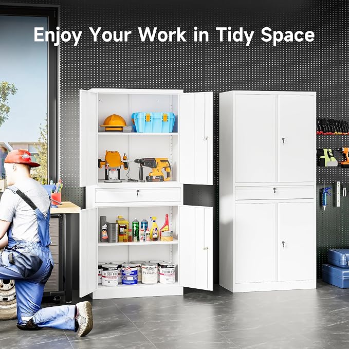 White Metal Storage Cabinet with Drawer and Locks,Garage Storage Cabinet with Locking Doors and Adjustable Shelves,71" Tall Large Metal Cabinets with Magnetic Door for Home,Office,Garage