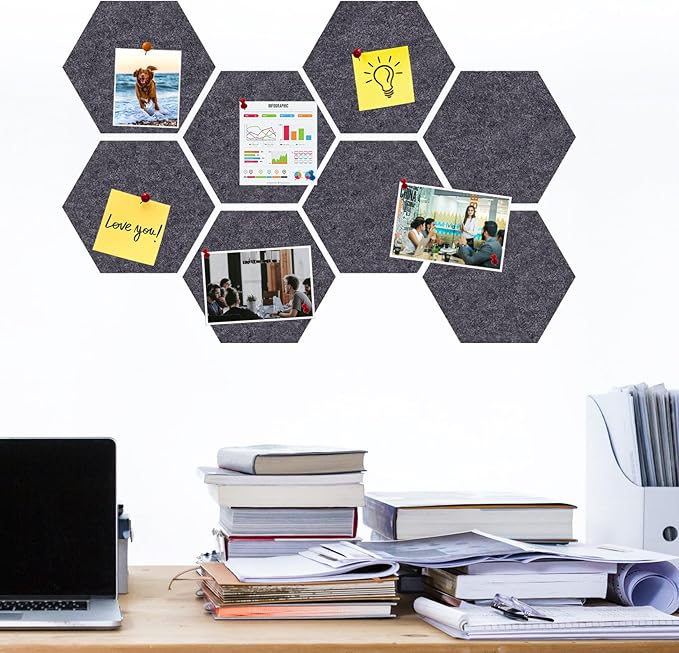 Large Hexagon Felt Cork Board Tiles, Self Adhesive DIY Felt Bulletin Board Pin Board with 35 Pushpins for Office School Home Wall Decor Stickers Memos Photos Display(Deep Grey)