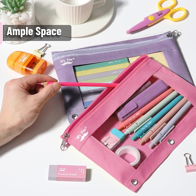 Mr. Pen- Pencil Pouch for 3 Ring Binder, 2 Pack, 10"x6.75", Smooth Zipper | Clear Window, Large Capacity Pencil Case with 3 Reinforced Grommets for School, Office, Supplies Storage