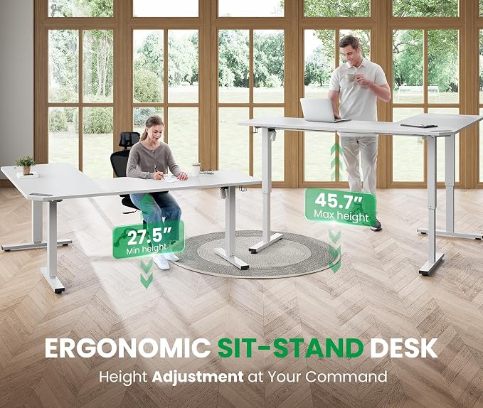 SIAGO 63x55 Inch L-Shaped Standing Desk with Charging Station Corner Desk | Adjustable L Shape Corner Computer Desk with Memory Controller, Splice Board Ergonomic Sit Stand Workstation for Home Office