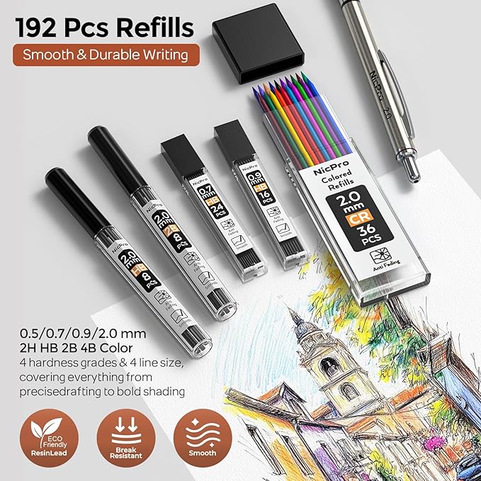 Nicpro 6PCS Art Mechanical Pencil Set, 3PCS Metal Drawing Pencil 0.5 mm & 0.7 mm & 0.9 mm & 3PCS 2mm Graphite Lead Pencil (4B 2B HB 2H) For Student Artist Writing, Sketching Drafting
