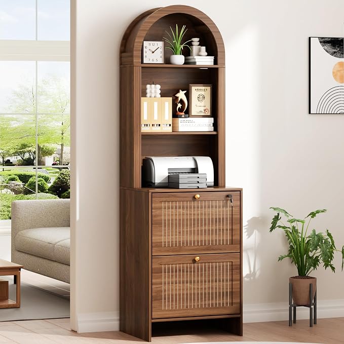 64.8"H Arched 2 Drawer File Cabinet, Farmhouse Vertical Cabinet with Lock | Vertical Filing Cabinet Fits Letter,Legal,A4 Hanging Folders,with Printer Stand Storage Bookshelf for Home Office,Living Room