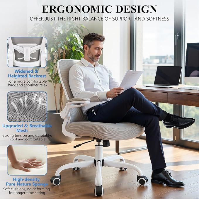 FelixKing Office Chair, Ergonomic Desk Chair Breathable Mesh Chairs Adjustable High Back Lumbar Support Flip-up Armrests, Executive Rolling Swivel Comfy Computer Chairs Home Office Gray