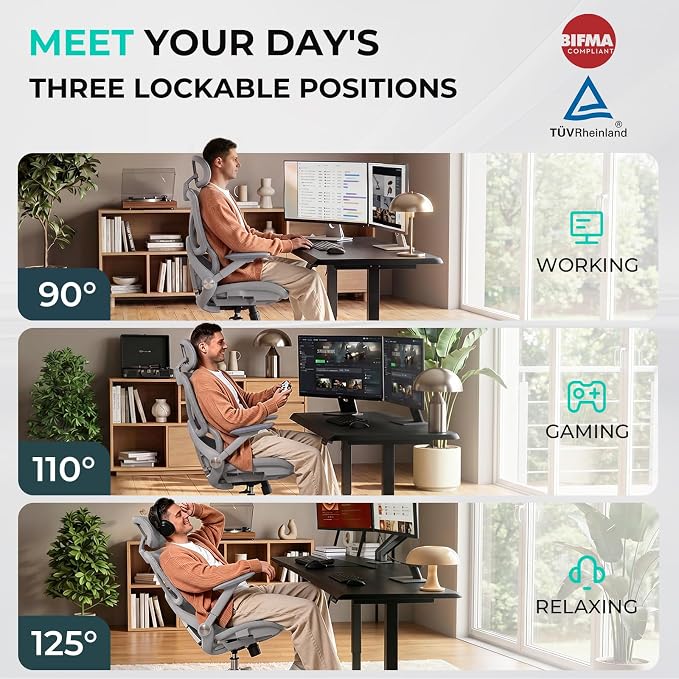 Ergonomic Mesh Office Chair, Adjustable Lumbar High Back Desk Chair 400lbs, 4D Flip-up Arms, 3 Tilt Backrest, 3D Headrest, PU Wheels, Swivel Rolling Computer Seating for Long Desk Work - Grey