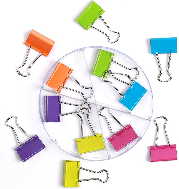Medium Sized Binder Clips with Clear Plastic Storage Container - 12 Pieces - Large