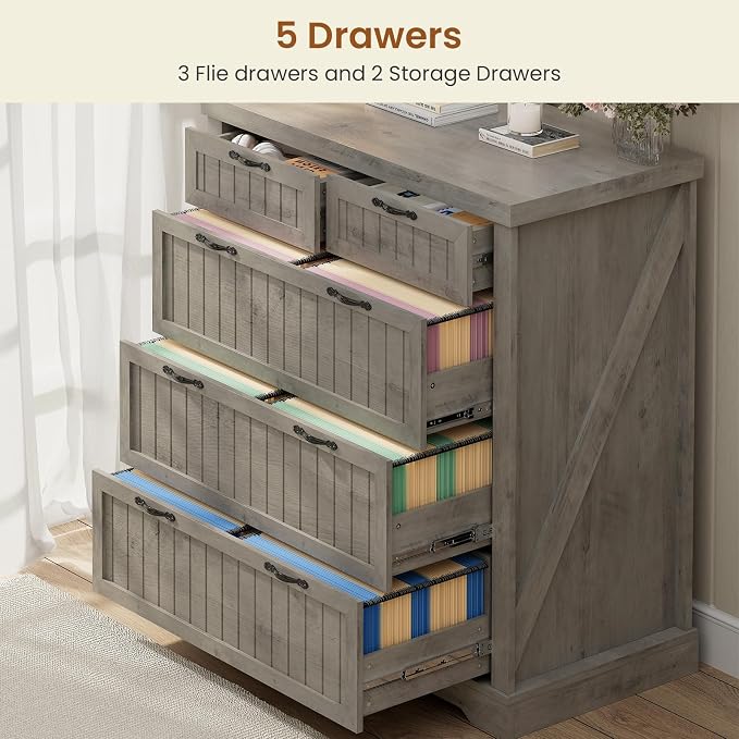 SEDETA Filing Cabinet for Home Office, Farmhouse 5 Drawers File Cabinet, Wood Office File Cabinets for Letter/Legal/A4 Size, File Cabinets with Printer Stand for Study Room, Living Room, Grey