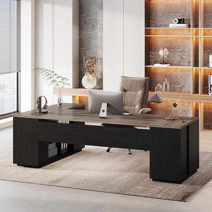 Tribesigns 85.8-Inch L-Shaped Executive Desk, Extra Large Modern Office Desk with File Drawers, Door Cabinet & Shelves, Commercial Office Table, Home Business Workstation, Grey & Black