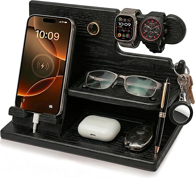 TESLYAR Wood Phone Docking Station for Men - Desk or Nightstand Organizer - Birthday Gifts for Husband, Dad - Anniversary Idea from Wife - Key Holder, Stand Wallet, Watch & Essentials (Granite Black) | Solid Ash Nightstand Organizer with Key Holder, Wa...