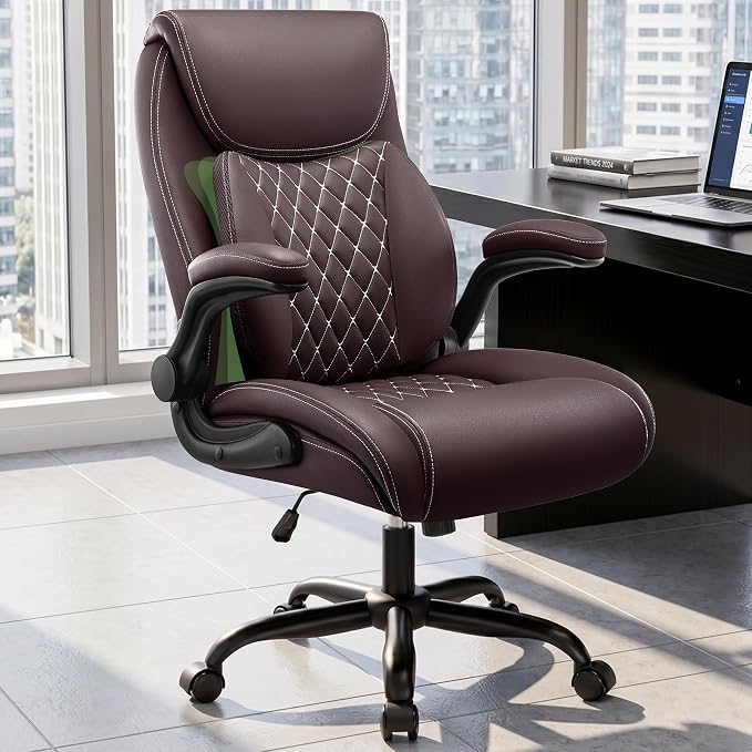 Office Chair, Ergonomic Executive Desk Chair with Lumbar Support for Lower Back Pain Relief, Padded Flip-Up Armrests, Leather Home Office Chair, Coffee