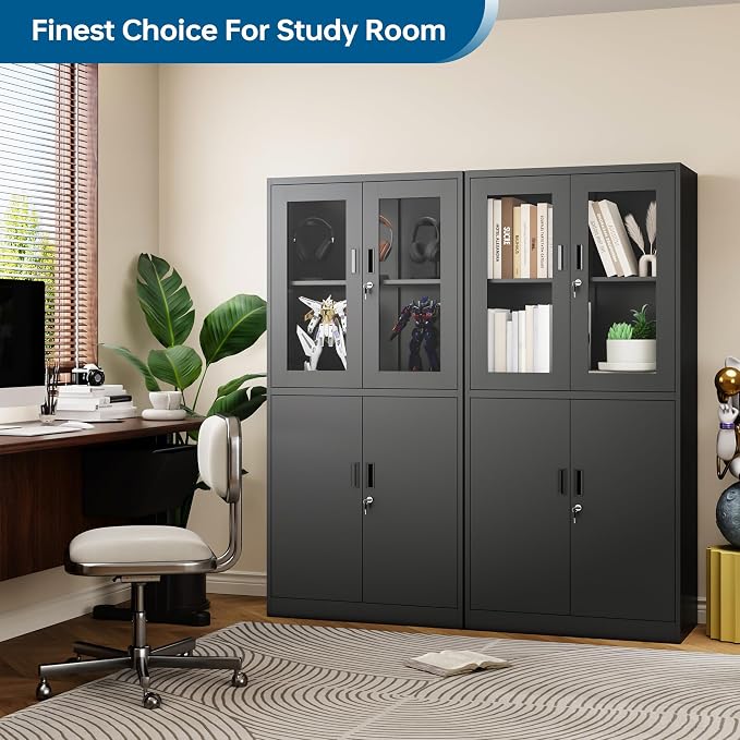 PEUKC Display Storage Cabinet with Glass Door, 71 Inches Metal Curio Cabinet with 2 Adjustable Shelves, Locking Glass Display Case for Home, Office, Clinic, Pantry, Assemble Required (Black)