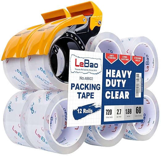 Heavy Duty Packing Tape with Dispenser, Strong HD Clear Packaging Tape, 12 Rolls 1.88 in. x 60 yd. x 2.7MiL, Secure Sealing for Cardboard Moving Boxes Shipping Supplies