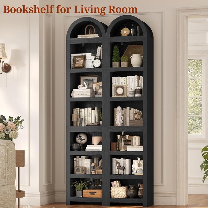 76" Tall Narrow Arched Bookcase,7-Teir Mid-Century Modern Bookshelf,Adjustable Shelves offering More Storage Space for Living Room,Kitchen,Home Office,Black