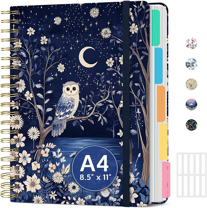 Spiral Notebooks for Work 5 Subject Notebook with Removable Dividers | Aesthetic Hardcover Journal for Women 8.5" x 11" College Ruled 280 Pages Journal for School & Note Taking, Owl Moonlight