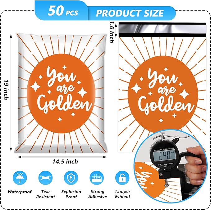 14.5x19 Poly Mailer Envelopes 50 Pack Shipping Bags with Self Adhesive, You are Golden' Mailing Envelopes, Waterproof and Tear-Proof Postal Bags