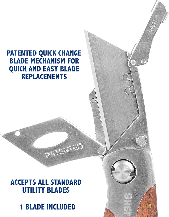 Sheffield 12115 Folding Utility Knife, Stocking Stuffers, Gifts for Men, Dad Gifts, Quick-Change Utility Knife Blades, Lightweight Hardwood Handle, Box Cutter, Cardboard Cutter