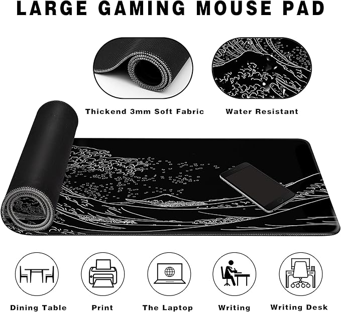 Long Gaming Mouse Pad Extended Anime Large Desk Pad with Non-Slip Base Full Keyboard Mat with Stitched Edges for Gaming and Office 31.5 x 11.8 inches (Black Wave)