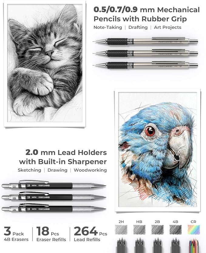Four Candies School Supplies with Pencil Case, 45ct Black | Back to School Stationery Set, Essentials for College & Nursing Students, 6 Gel Pens, 6 Mechanical Pencils, 12 Highlighters