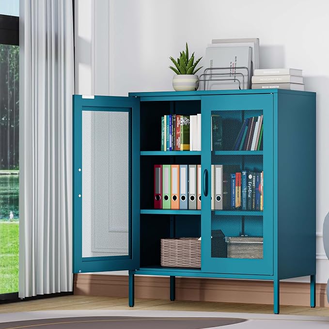 Washsemba Metal Storage Cabinet with Mesh Doors,Steel Display Cabinet with Adjustable Shelves,Metal Office Storage Locker for Home Office,Garage(Blue, 40''H)