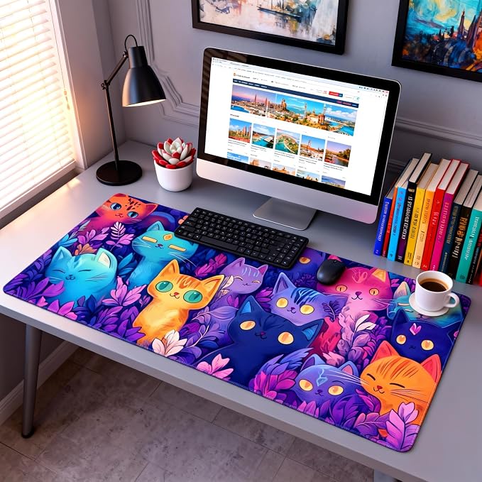 Cute Anime Cats Gaming Mouse Pad, Candy Anime Desk Mat with Anti-Slip Base & Stitched Edges, Office & Home Desk Decor for Women, 35.4" x 15.7" in Computer Desktop Mat