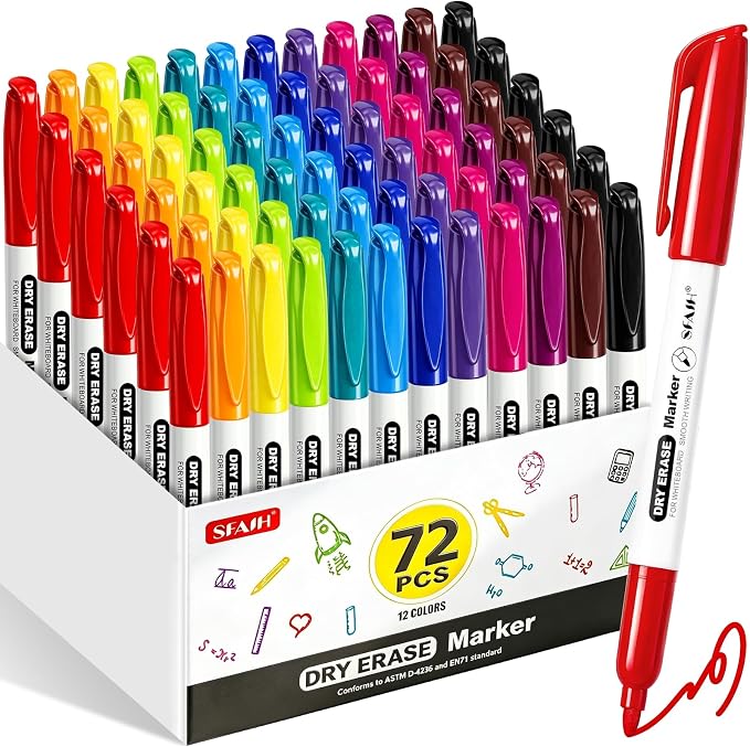 SFAIH Fine Tip Dry Erase Markers, 72 Pack, 12 Colors, Low Odor, Non-Toxic | Easily Erases,Perfect for Whiteboards, Ideal for Classroom, Office, Home, Teacher Supplies, Back to School