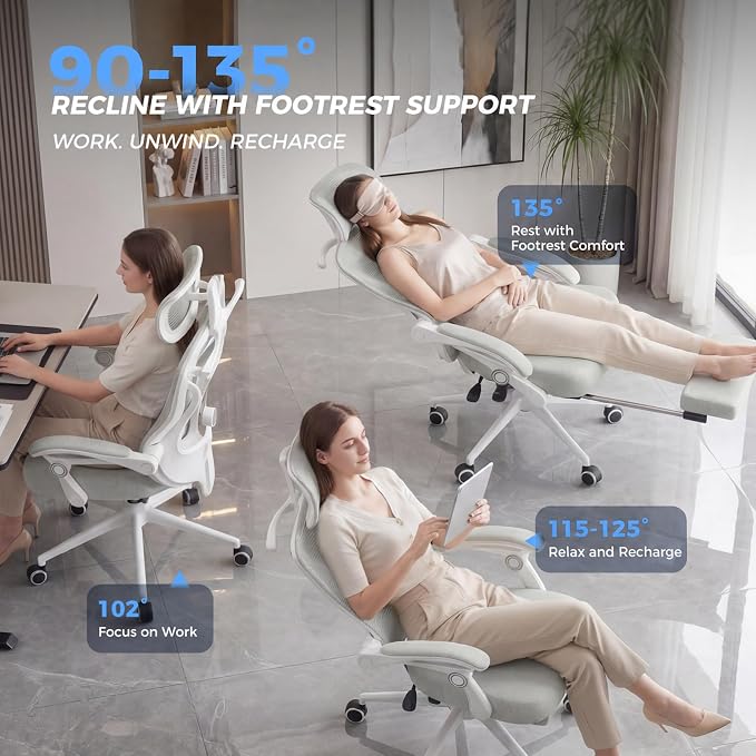 CYKOV Ergonomic Office Chair with Footrest - Adjustable Lumbar Support & Headrest, 90-135° Reclining Mesh Back Computer Chair - Home Office/Gaming, 350lbs Capacity | 4-Way Headrest (4.72" + 60°), 2-Way Lumbar (2" + 1.18"), 90-135° Recline, Breathable M...