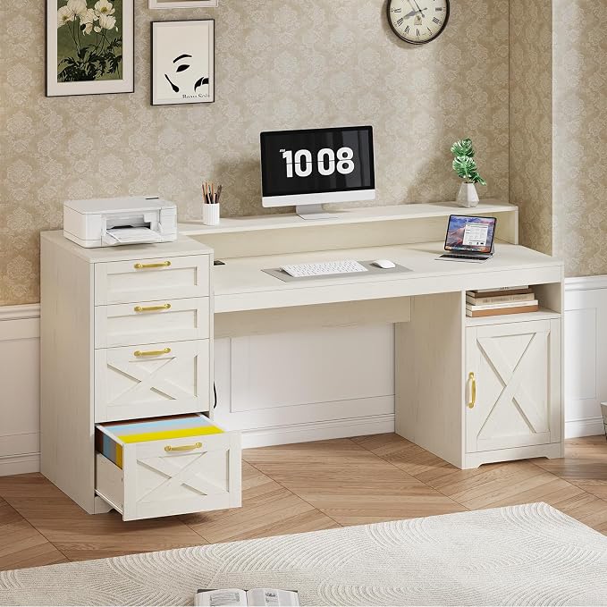 63" Farmhouse Computer Desk with 4 Drawers for Home Office, Bedroom | Executive Desk with Printer Shelf, Monitor Stand, Home Office Desks with Power Outlets, Storage Shelves, White
