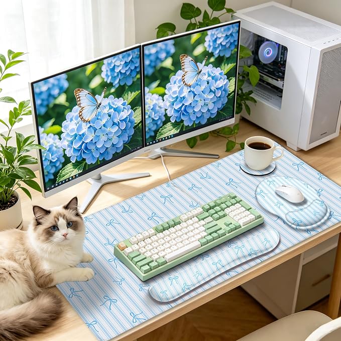 LIMKRIAN Blue Striped Mouse Pad Set Large Desk Mat for Keyboard and Mouse | Ergonomic Office Mousepad with Wrist Rest, Keyboard Mat Wrist Support, Cup Coaster, Cute Office Desk Accessories for Women