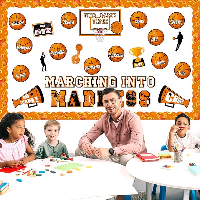 Basketball Bulletin Board Set Sports Classroom Decoration Let The Madness Basketball Paper Cutouts Sport Border for Back to School Bulletin Board Background Chalkboard Wall Door Decor Game Supplies